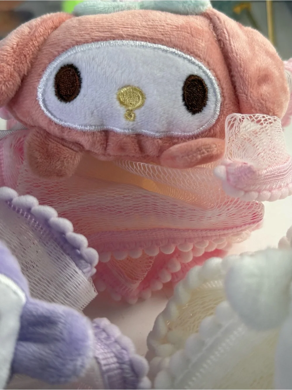 Sanrio Plush Character Kids Loofah Sponge.- Pink, Purple & White. New!